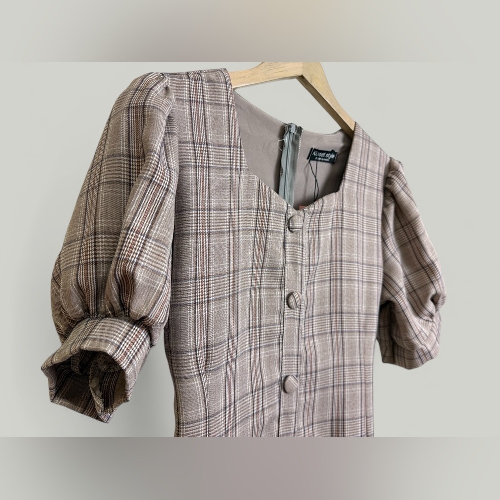 Plaid Dress Women Size Medium Brown Midi Sweetheart Neckline Puff Short Sleeves - Picture 9 of 11